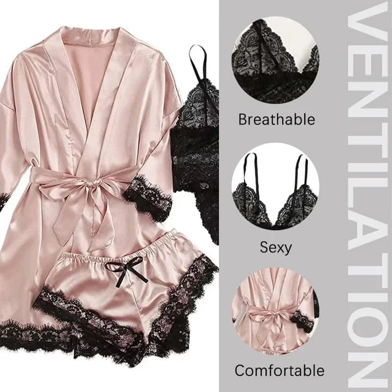 4 Pieces Woman Sleepwear Pajamas Ser With Robe Sexy Lace Lingerie Bathrobe Silk Satin Home Clothed Nightwear Robe - A-1 Thread Vault