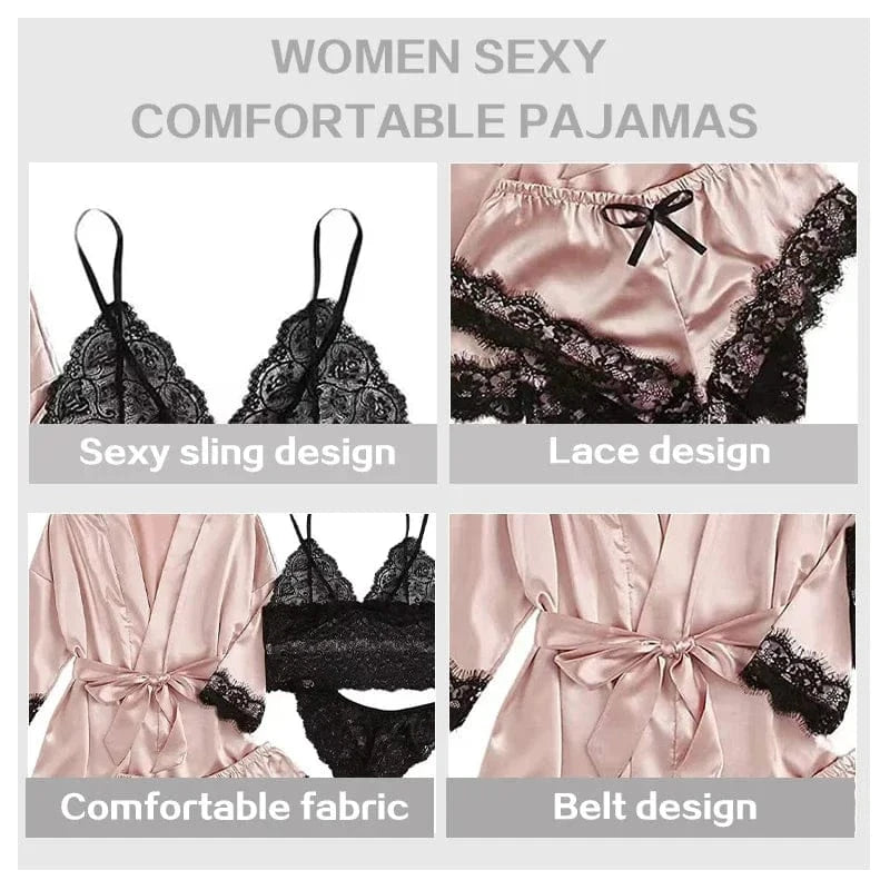 4 Pieces Woman Sleepwear Pajamas Ser With Robe Sexy Lace Lingerie Bathrobe Silk Satin Home Clothed Nightwear Robe - A-1 Thread Vault