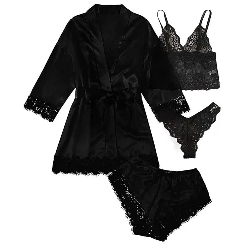 4 Pieces Woman Sleepwear Pajamas Ser With Robe Sexy Lace Lingerie Bathrobe Silk Satin Home Clothed Nightwear Robe - A-1 Thread Vault