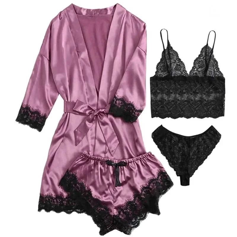 4 Pieces Woman Sleepwear Pajamas Ser With Robe Sexy Lace Lingerie Bathrobe Silk Satin Home Clothed Nightwear Robe - A-1 Thread Vault