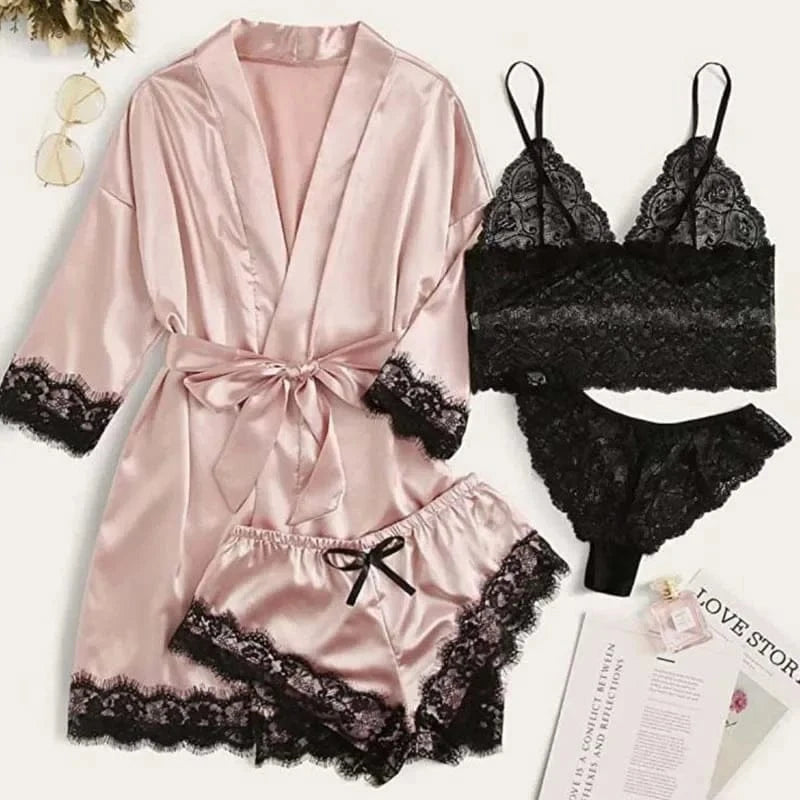4 Pieces Woman Sleepwear Pajamas Ser With Robe Sexy Lace Lingerie Bathrobe Silk Satin Home Clothed Nightwear Robe - A-1 Thread Vault