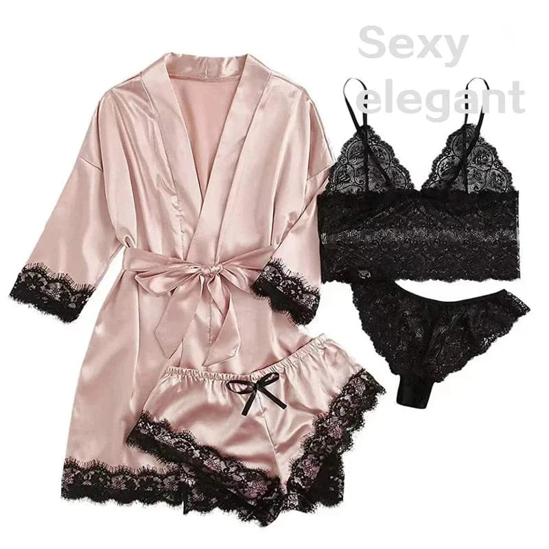 4 Pieces Woman Sleepwear Pajamas Ser With Robe Sexy Lace Lingerie Bathrobe Silk Satin Home Clothed Nightwear Robe - A-1 Thread Vault