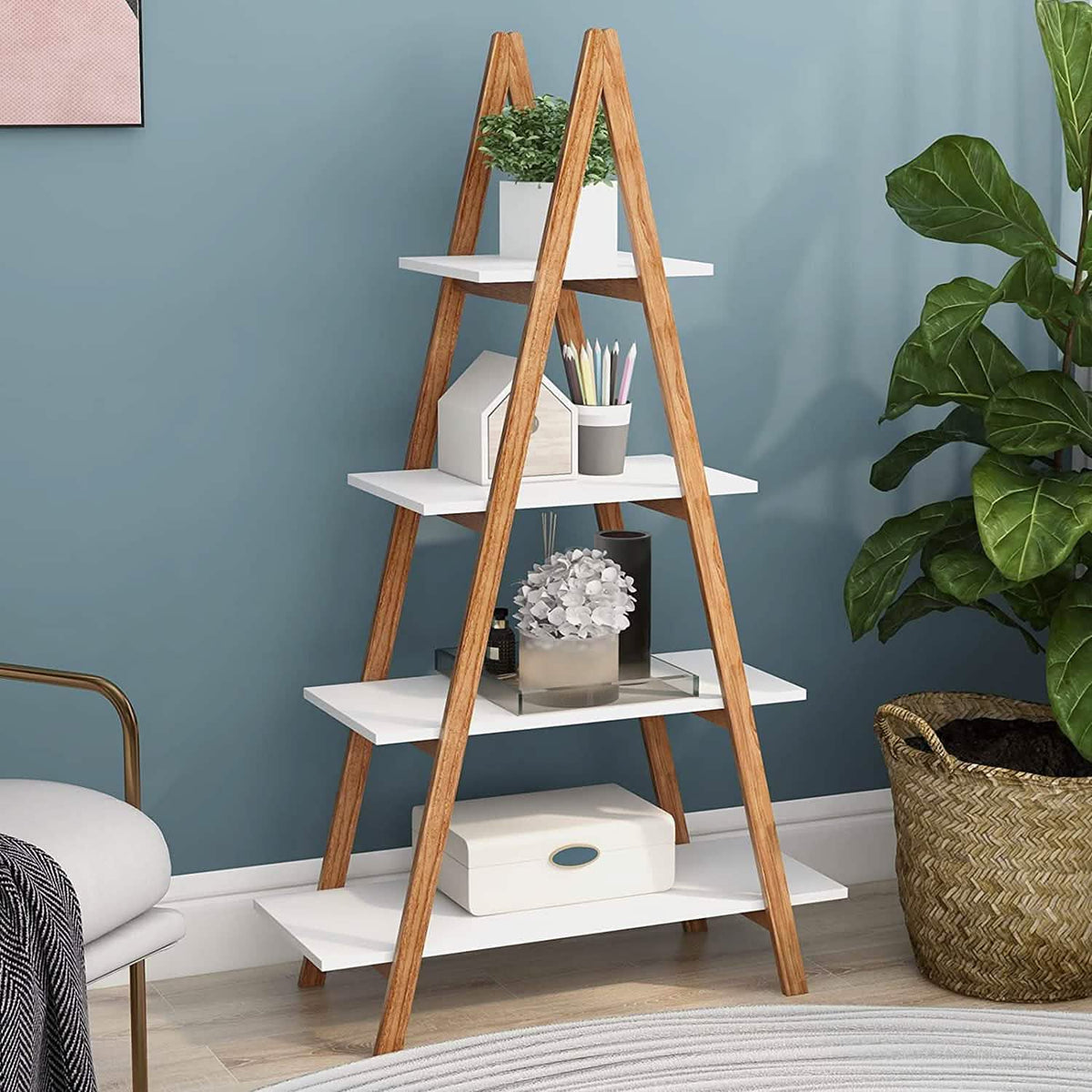 4-Tier Bookshelf Wooden Ladder Shelf Wooden Bookcase A- Shaped - A-1 Thread Vault