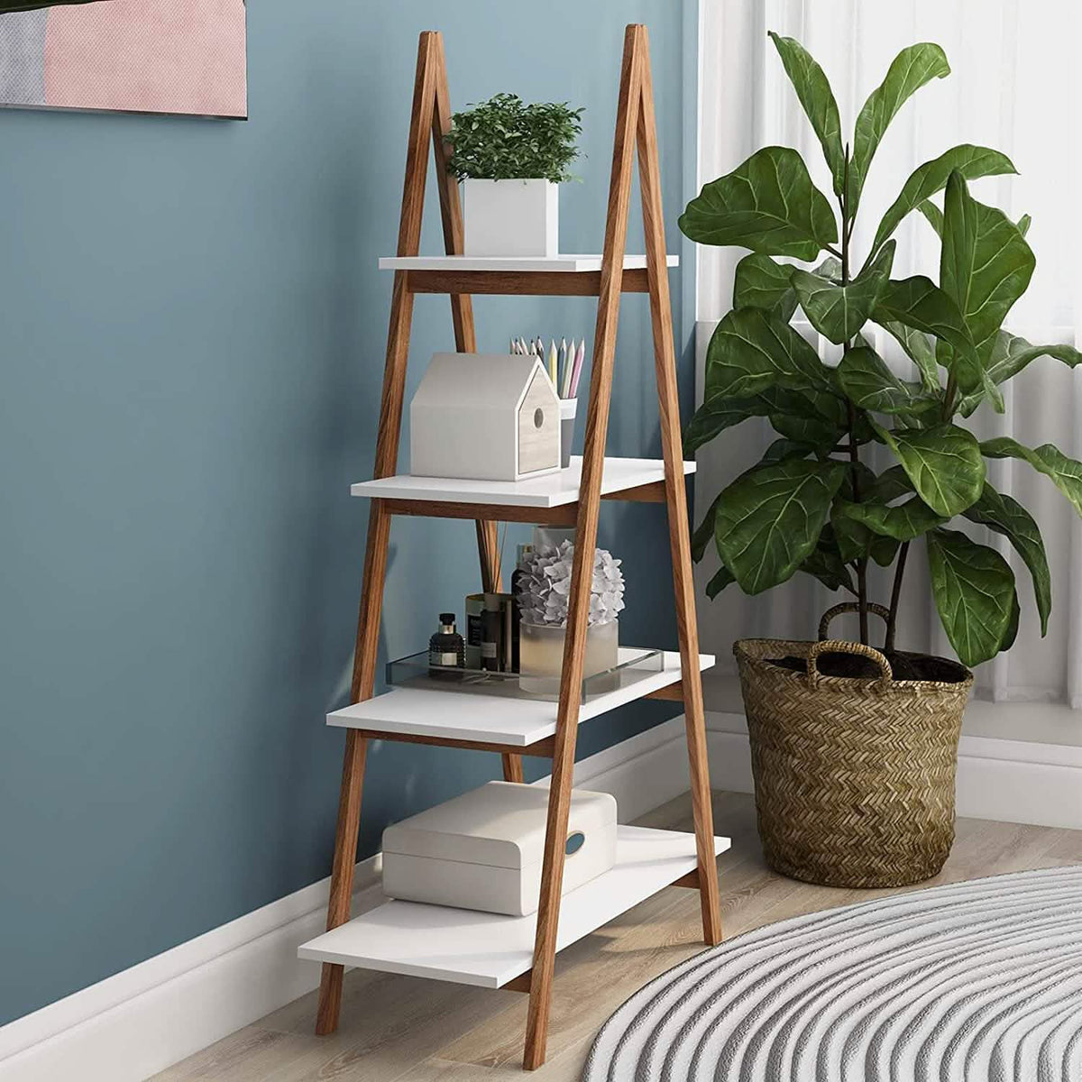 4-Tier Bookshelf Wooden Ladder Shelf Wooden Bookcase A- Shaped - A-1 Thread Vault