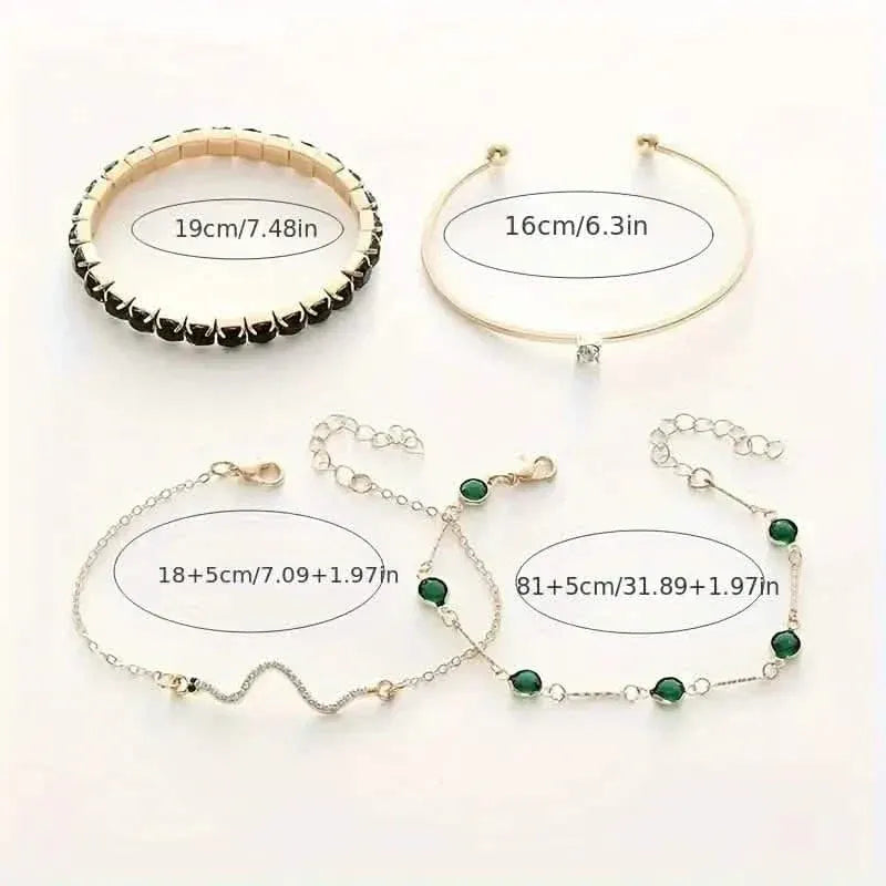 4pcs Green Emerald Rhinestone Snake Bracelet Set for Women - A-1 Thread Vault