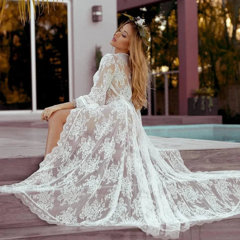5 Color Women Sexy Lace Wedding Bride Robes Bridesmaid Gowns Sheer Kimono Bathrobe Femme Long Sleeve Nightgowns Nightdress - A-1 Thread Vault