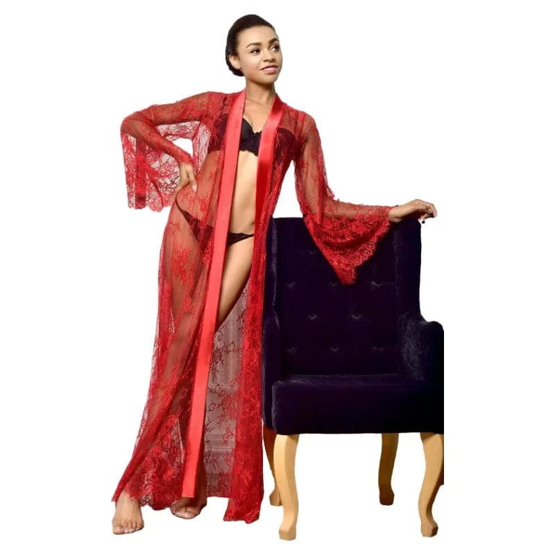 5 Color Women Sexy Lace Wedding Bride Robes Bridesmaid Gowns Sheer Kimono Bathrobe Femme Long Sleeve Nightgowns Nightdress - A-1 Thread Vault