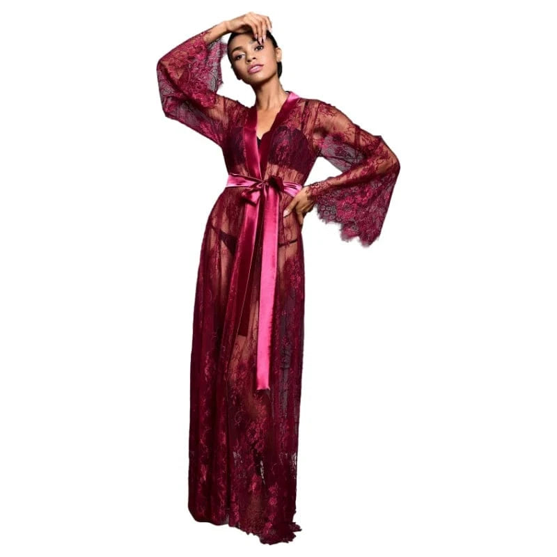 5 Color Women Sexy Lace Wedding Bride Robes Bridesmaid Gowns Sheer Kimono Bathrobe Femme Long Sleeve Nightgowns Nightdress - A-1 Thread Vault