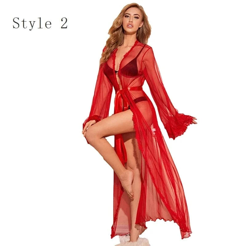 5 Color Women Sexy Lace Wedding Bride Robes Bridesmaid Gowns Sheer Kimono Bathrobe Femme Long Sleeve Nightgowns Nightdress - A-1 Thread Vault