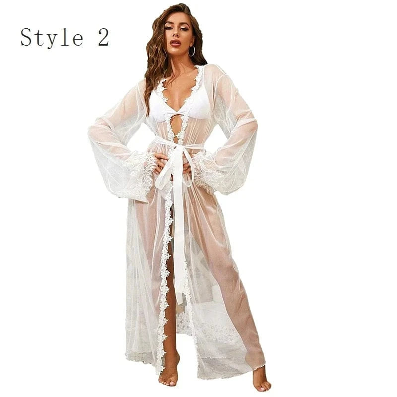 5 Color Women Sexy Lace Wedding Bride Robes Bridesmaid Gowns Sheer Kimono Bathrobe Femme Long Sleeve Nightgowns Nightdress - A-1 Thread Vault