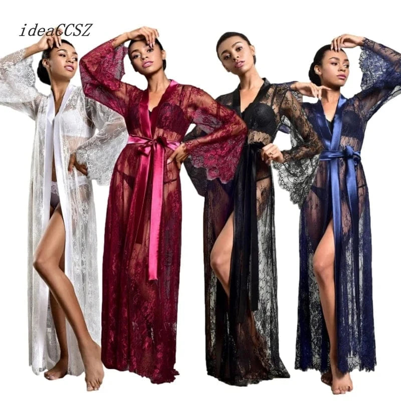 5 Color Women Sexy Lace Wedding Bride Robes Bridesmaid Gowns Sheer Kimono Bathrobe Femme Long Sleeve Nightgowns Nightdress - A-1 Thread Vault