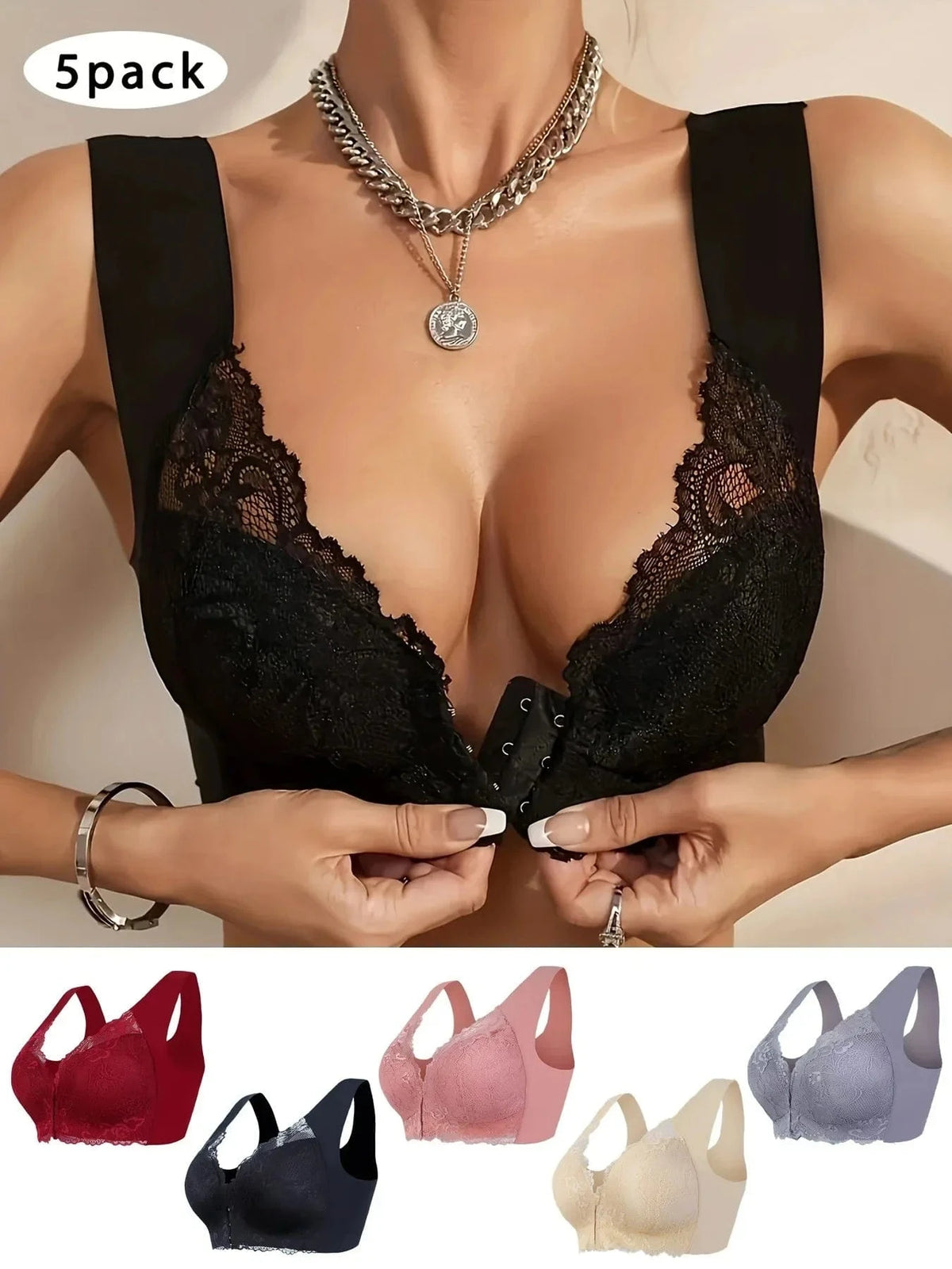 A model wearing a black front-closure lace bra with thick straps, shown alongside a selection of five identical bras in burgundy, black, dusty rose, beige, and grey.