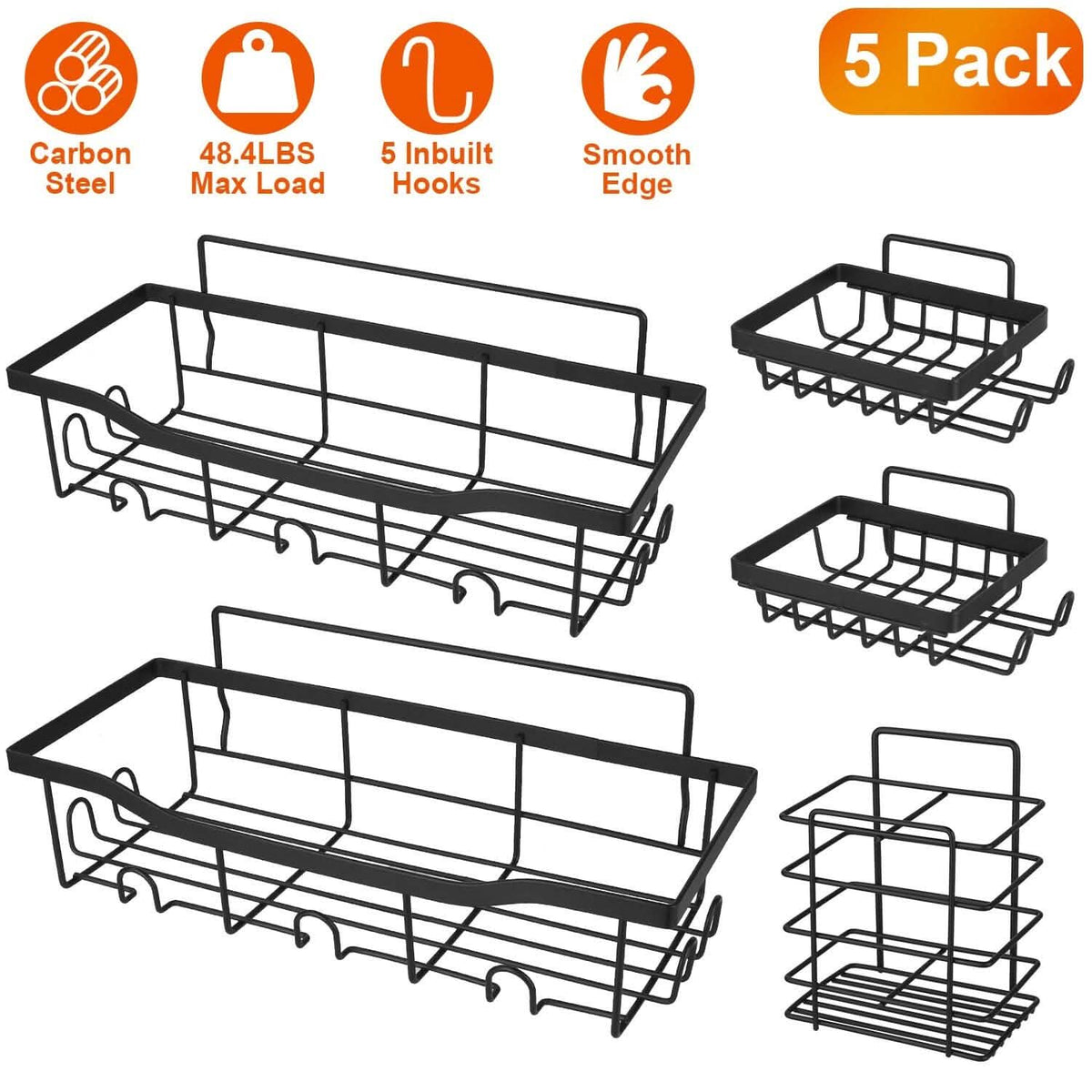 5-Pack: Shower Caddy Shelves with 18 Inbuilt Hooks - A-1 Thread Vault