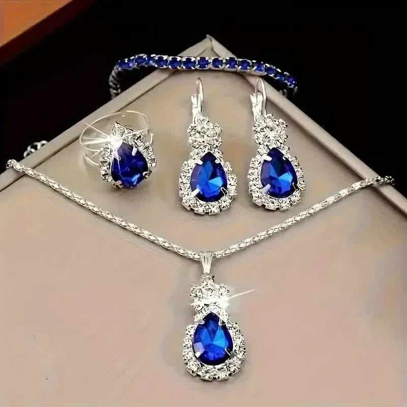 5-Piece Set: Stylish Jewelry Set for Women, Pair of Earrings, Necklace, Ring and Bracelet Adorned with Glass Accents - A-1 Thread Vault