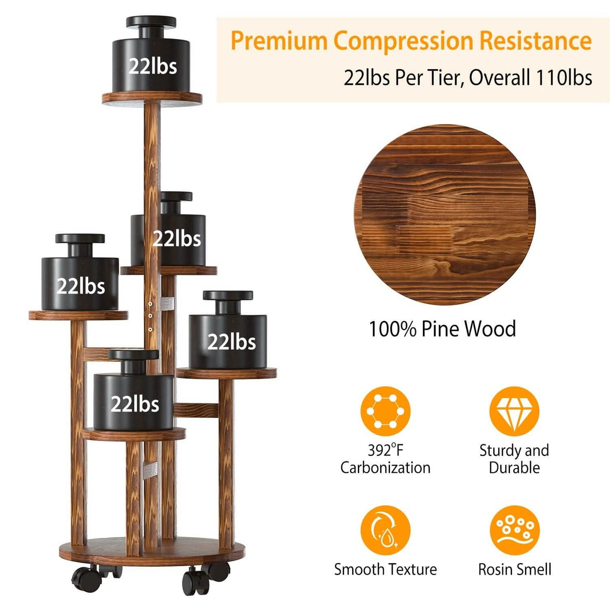 5-Tier Plant Stand with 4 Detachable Wheels Wooden Plant Pot Rolling Shelf - A-1 Thread Vault