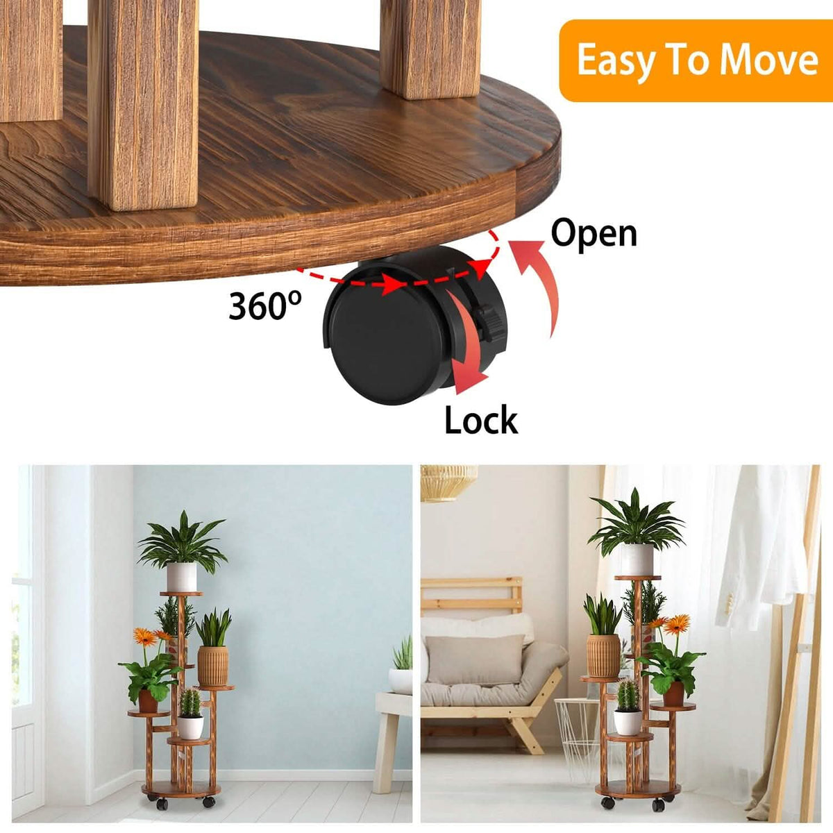5-Tier Plant Stand with 4 Detachable Wheels Wooden Plant Pot Rolling Shelf - A-1 Thread Vault