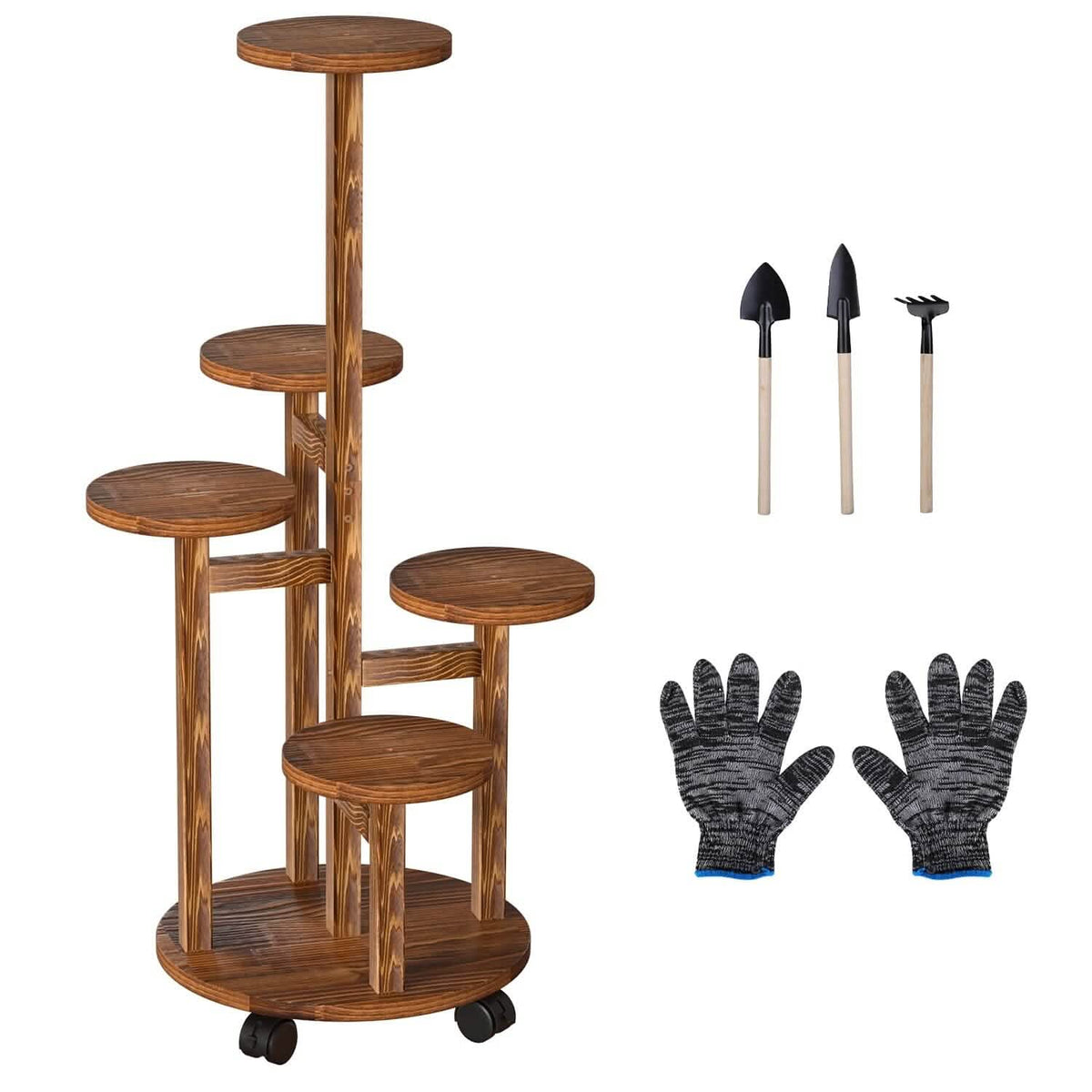 5-Tier Plant Stand with 4 Detachable Wheels Wooden Plant Pot Rolling Shelf - A-1 Thread Vault