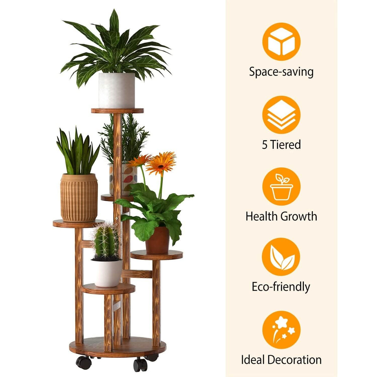 5-Tier Plant Stand with 4 Detachable Wheels Wooden Plant Pot Rolling Shelf - A-1 Thread Vault