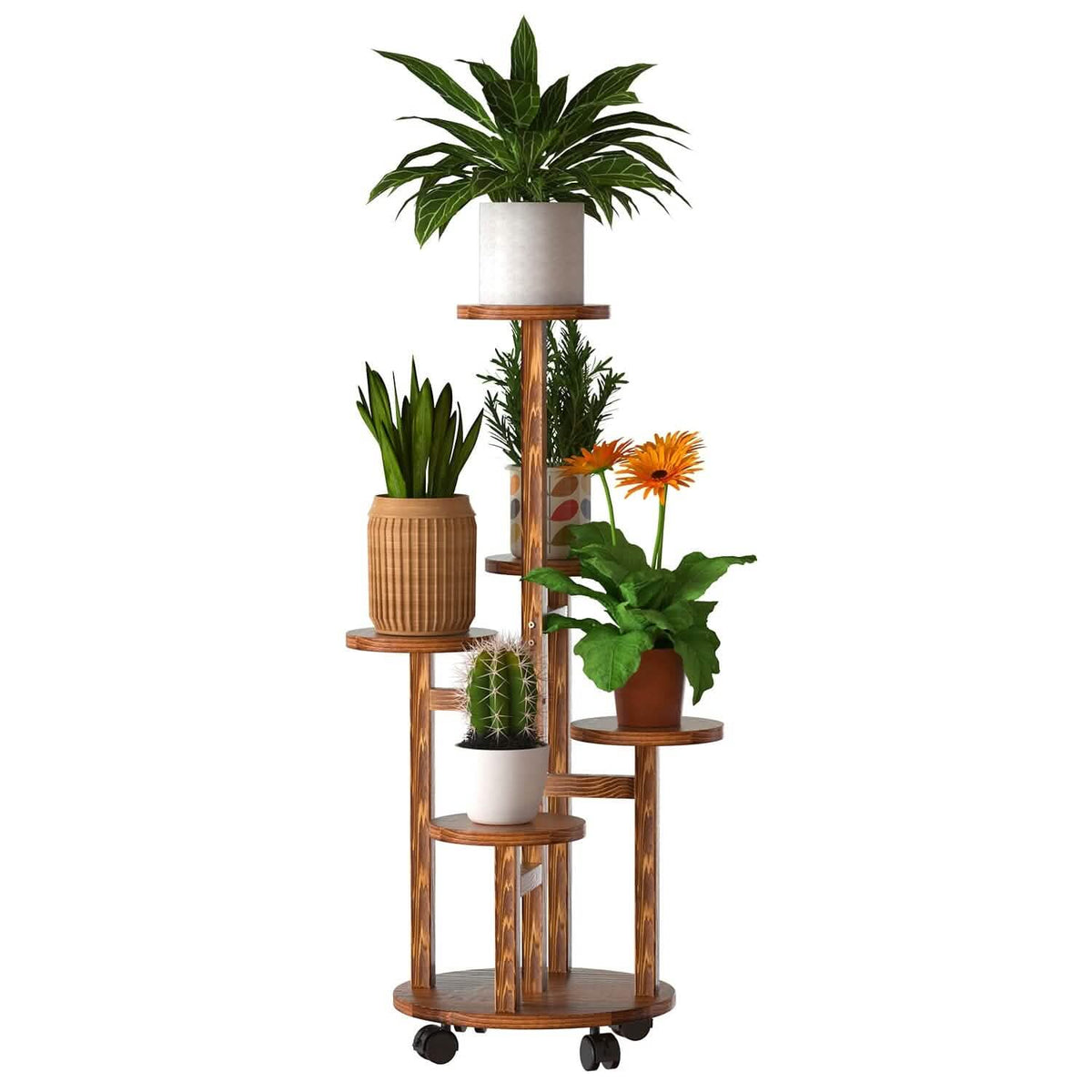 5-Tier Plant Stand with 4 Detachable Wheels Wooden Plant Pot Rolling Shelf - A-1 Thread Vault