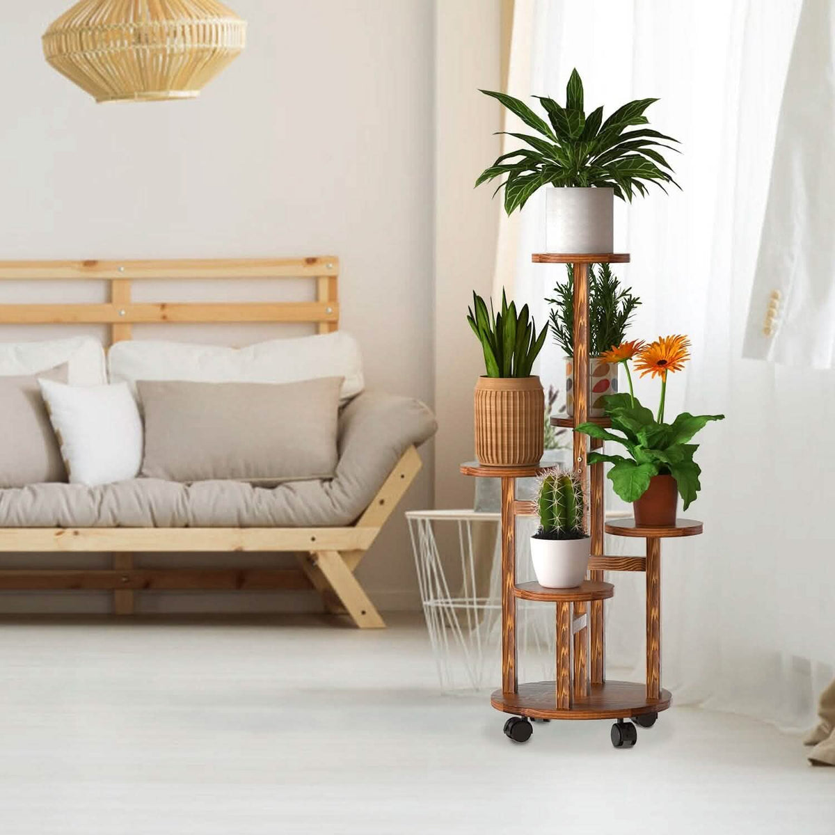 5-Tier Plant Stand with 4 Detachable Wheels Wooden Plant Pot Rolling Shelf - A-1 Thread Vault