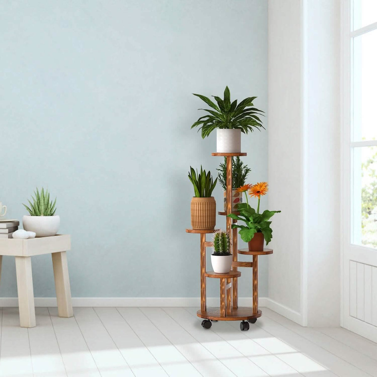 5-Tier Plant Stand with 4 Detachable Wheels Wooden Plant Pot Rolling Shelf - A-1 Thread Vault