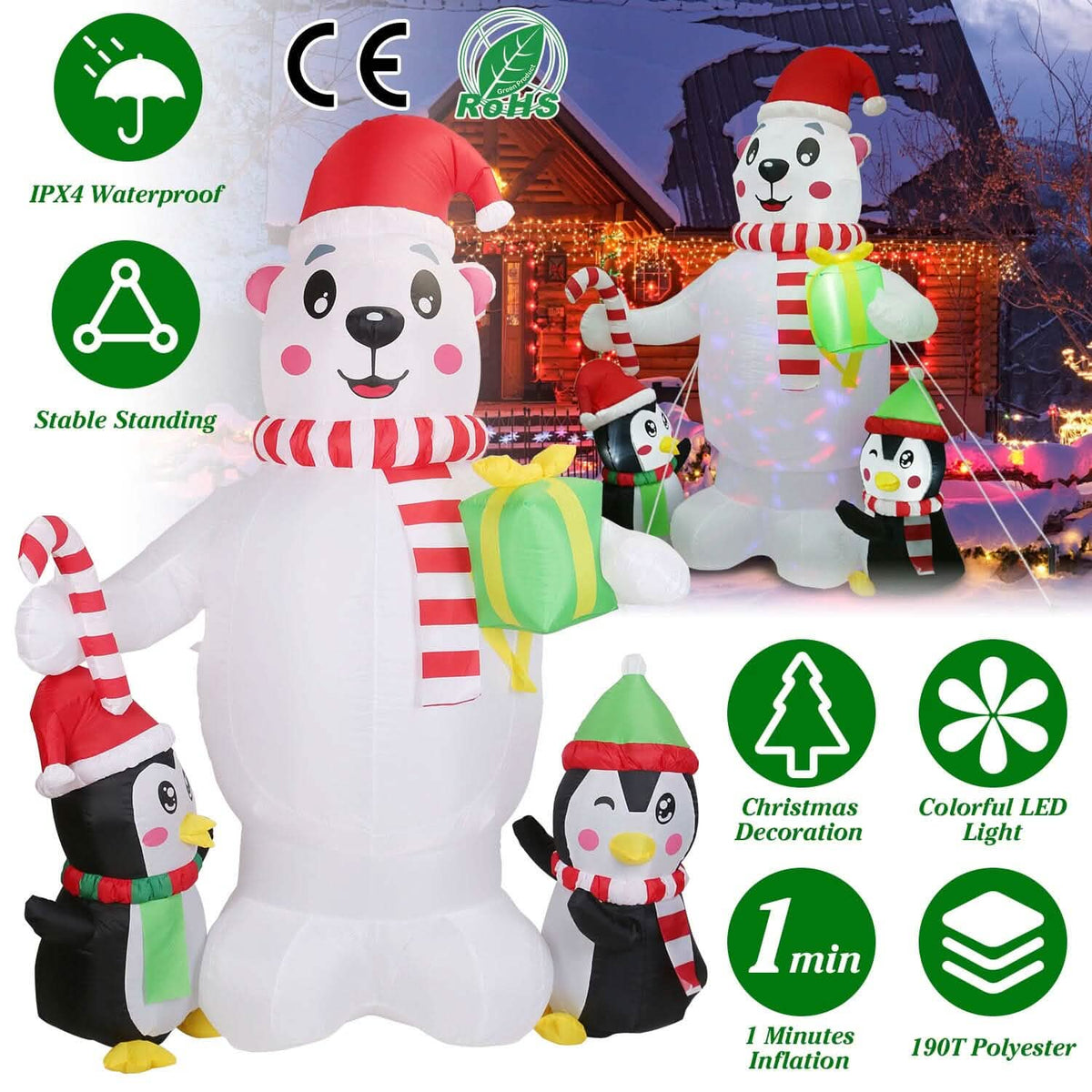 5.9Ft Christmas Inflatable Polar Bear and Penguin Blow Up Yard Outdoor Decoration with LED - A-1 Thread Vault