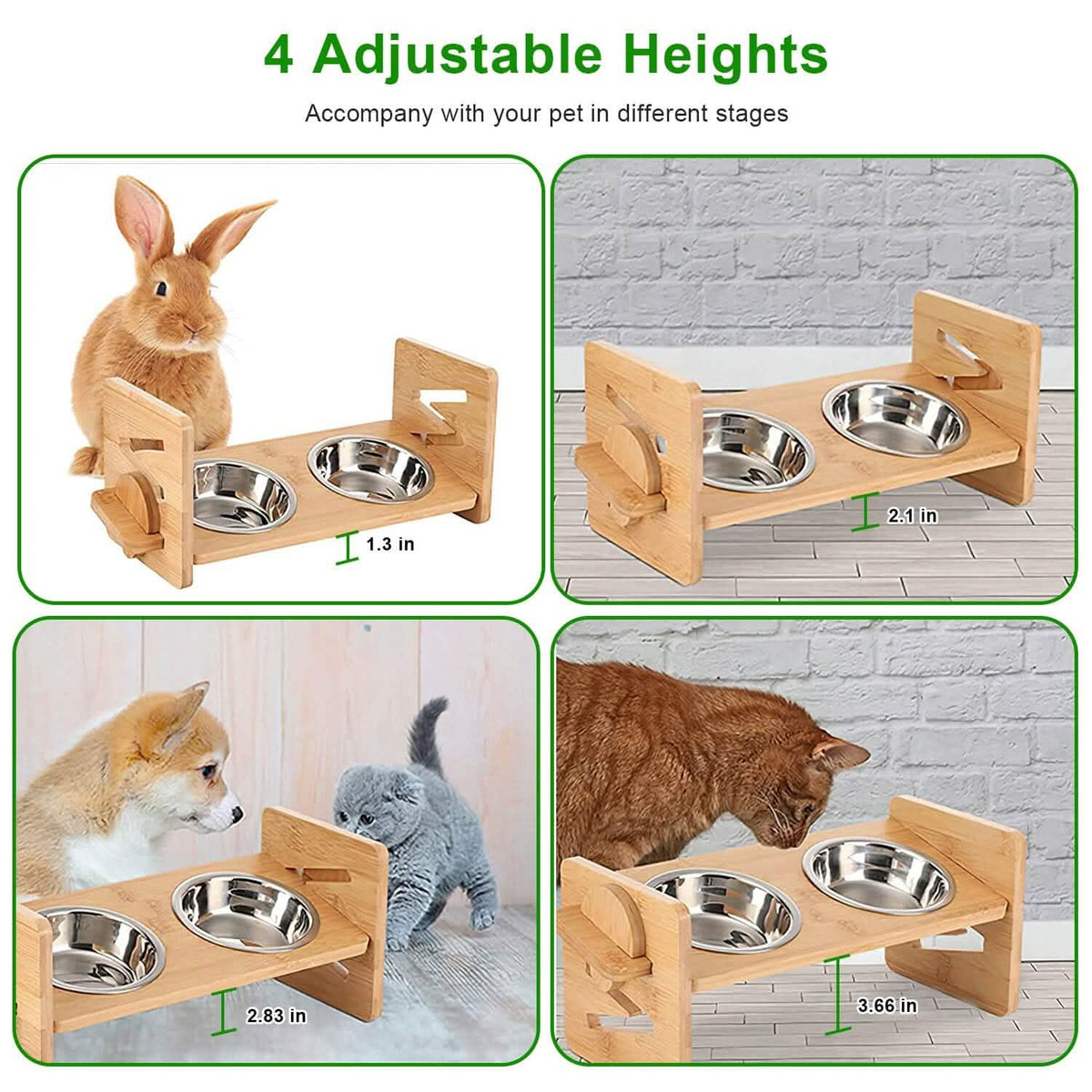 5°Tilt Bamboo Double Elevated Dog Bowls with 4 Adjustable Heights - A-1 Thread Vault