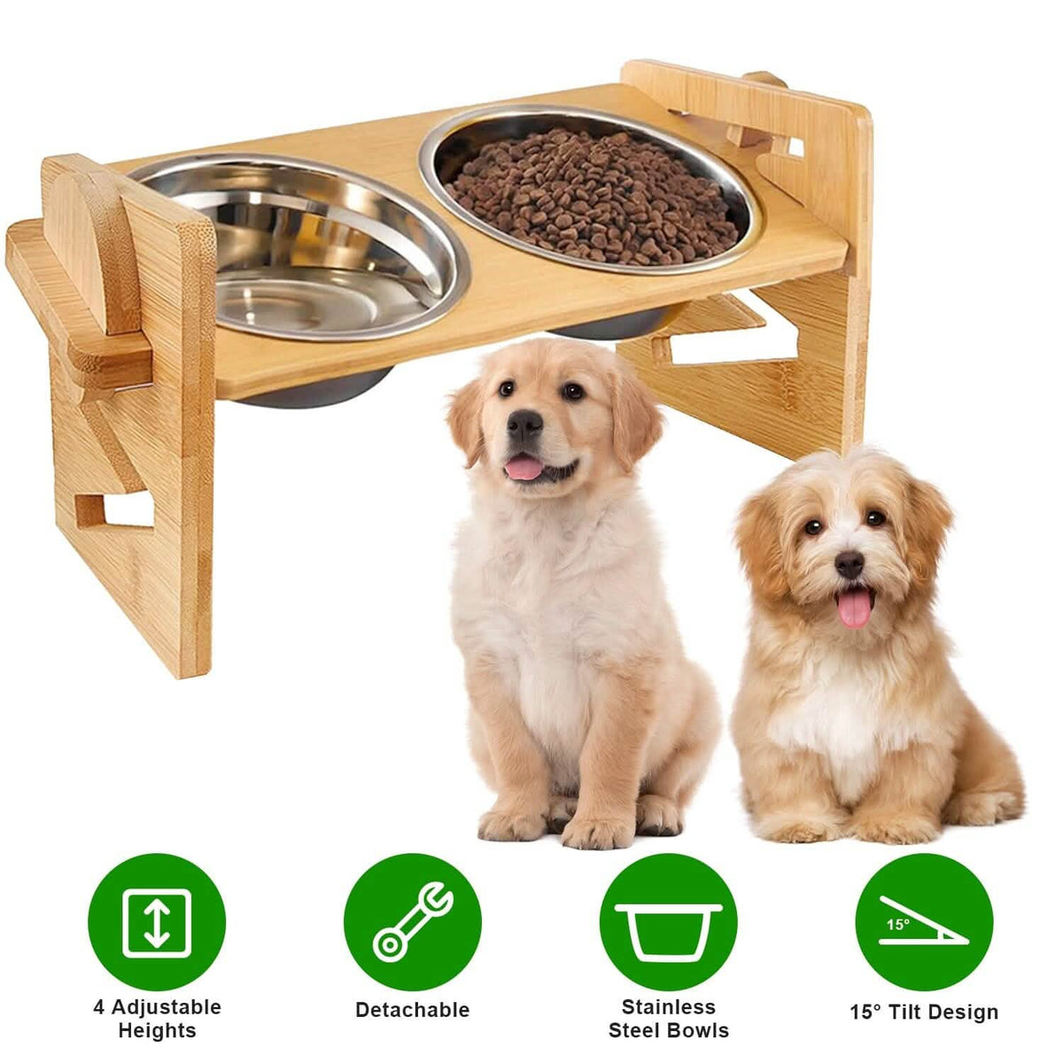 5°Tilt Bamboo Double Elevated Dog Bowls with 4 Adjustable Heights - A-1 Thread Vault