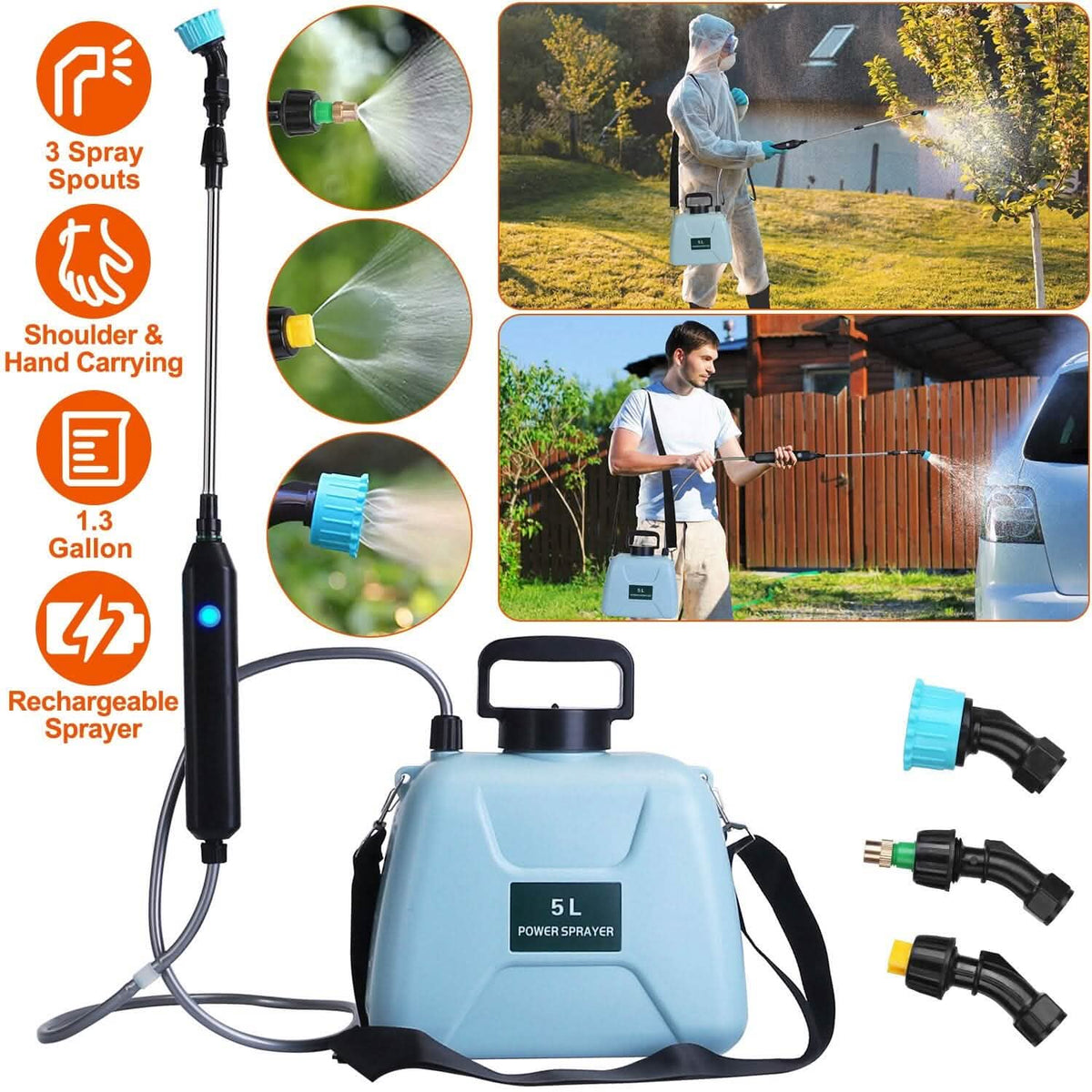 5L/1/3 Gallon Electric Plant Sprayer Telescopic Rechargeable with 3 Spray Sprouts - A-1 Thread Vault