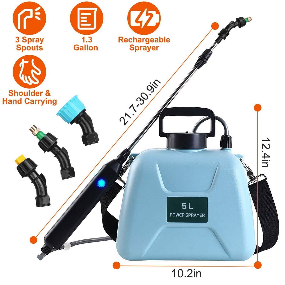 5L/1/3 Gallon Electric Plant Sprayer Telescopic Rechargeable with 3 Spray Sprouts - A-1 Thread Vault
