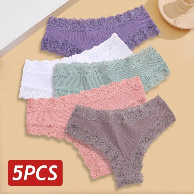 5PCS/Set Women Lace Seamless Cotton Panties Sexy Brazilian Pants Ribbed Breathable Girls Underwear Soft Plus Size Lingerie S-XL - A-1 Thread Vault