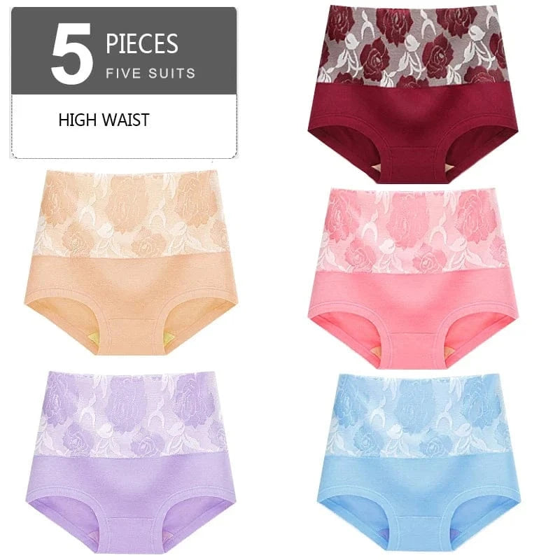 5Pcs Women Panties High Waist Body Shaper Underwear Print Girls Briefs Soft Sexy Underpants Breathable Cotton Female Lingerie - A-1 Thread Vault
