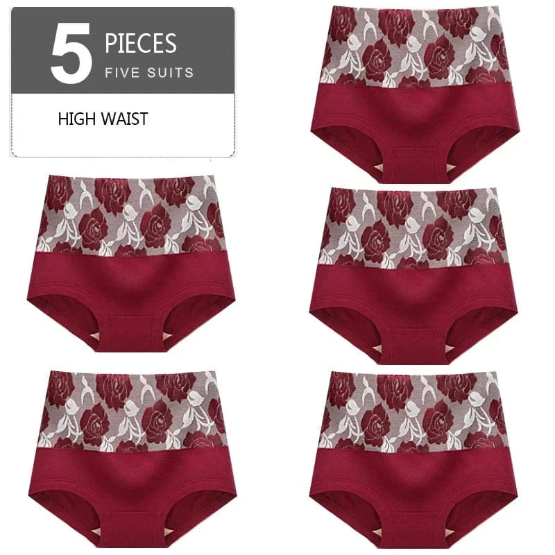 5Pcs Women Panties High Waist Body Shaper Underwear Print Girls Briefs Soft Sexy Underpants Breathable Cotton Female Lingerie - A-1 Thread Vault