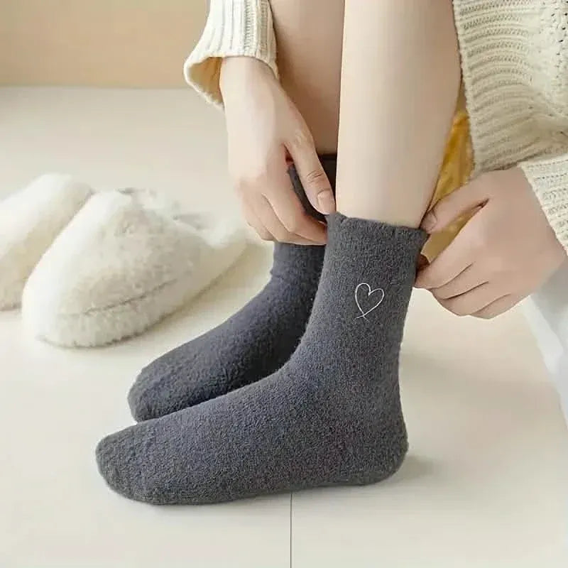 6-Pairs: Ultra Comfy Heart Embroidery Fuzzy Socks, Warm Women's Stockings & Hosiery for Cold Weather - A-1 Thread Vault