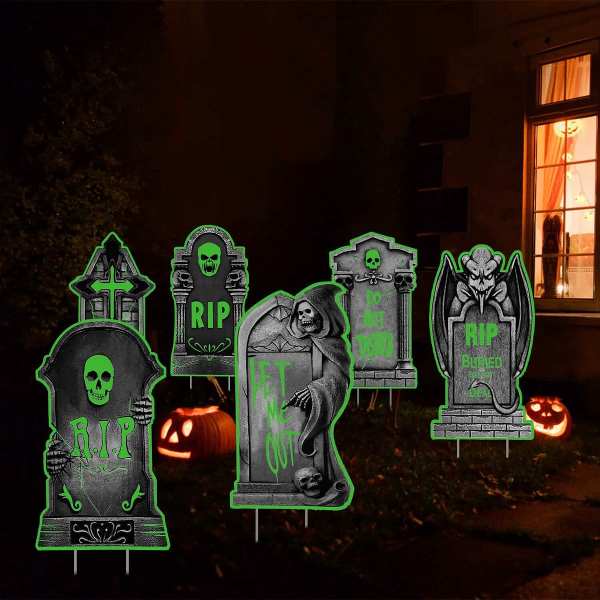 6-Pieces: Glow in the Dark Halloween Yard Sign Decorations with 12 Stakes - A-1 Thread Vault