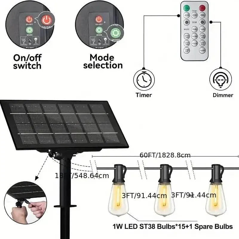 60FT Solar String Lights With USB Port & Remote Control - A-1 Thread Vault