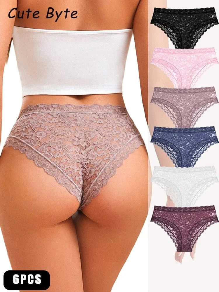 6PCS/Set Women Sexy Lace Panties Low Waist Briefs Hollow Out Comfortable Breathable Lingerie Floral Embroidery Ladies Underpants - A-1 Thread Vault