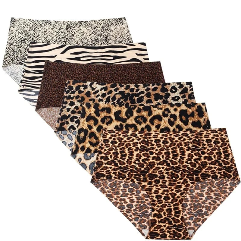6pcs Women's Seamless Ice Silk Panties Female Mid Waist Plus Size Leopard Print Underwear Girls Fashion Brief Lady Comfort Panty - A-1 Thread Vault