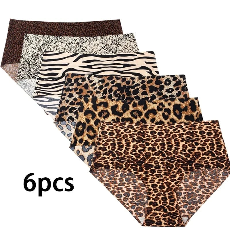 6pcs Women's Seamless Ice Silk Panties Female Mid Waist Plus Size Leopard Print Underwear Girls Fashion Brief Lady Comfort Panty - A-1 Thread Vault