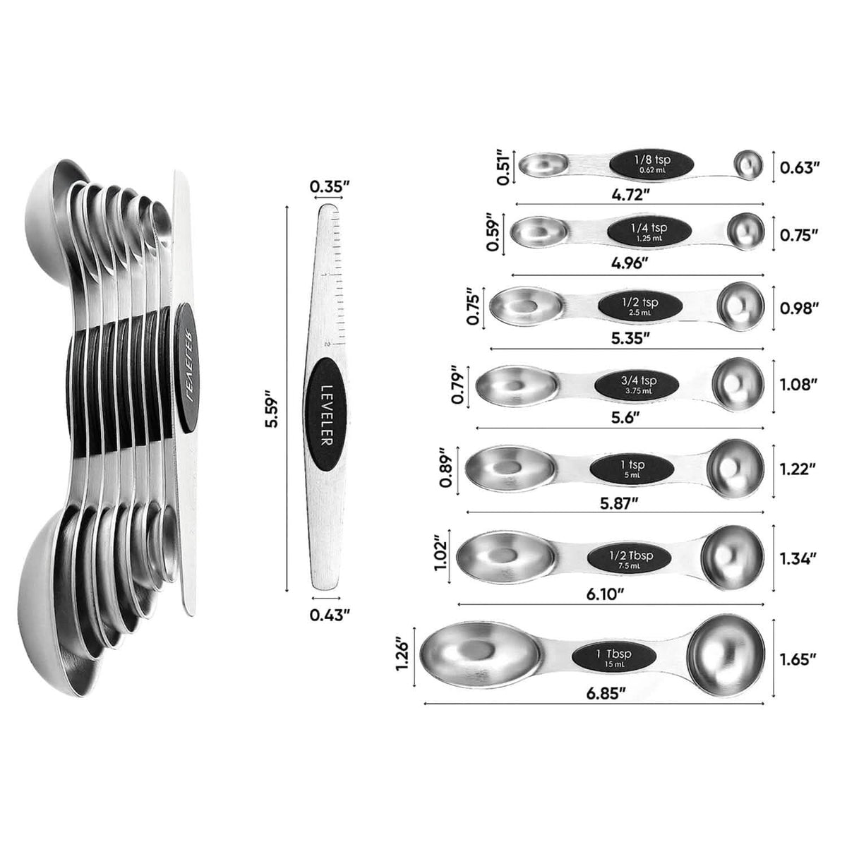7-Piece: Double Sided Stackable Magnetic Measuring Spoons Set with Leveler - A-1 Thread Vault