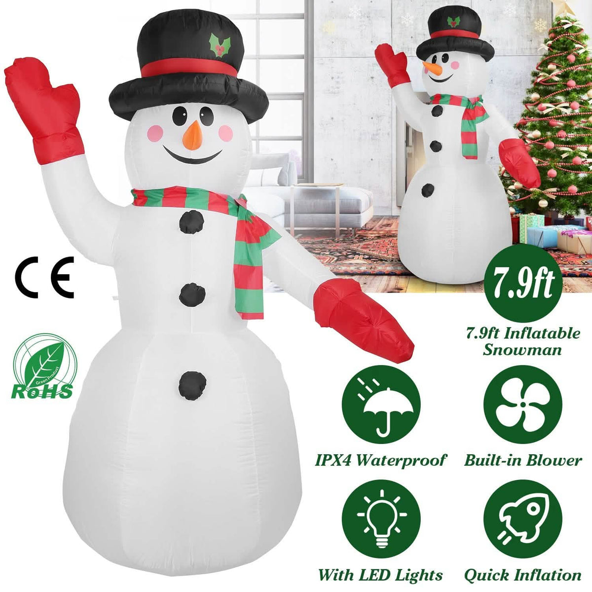 7.9ft Christmas Inflatable Giant Snowman Blow Up with LED Lights Hat Scarf - A-1 Thread Vault