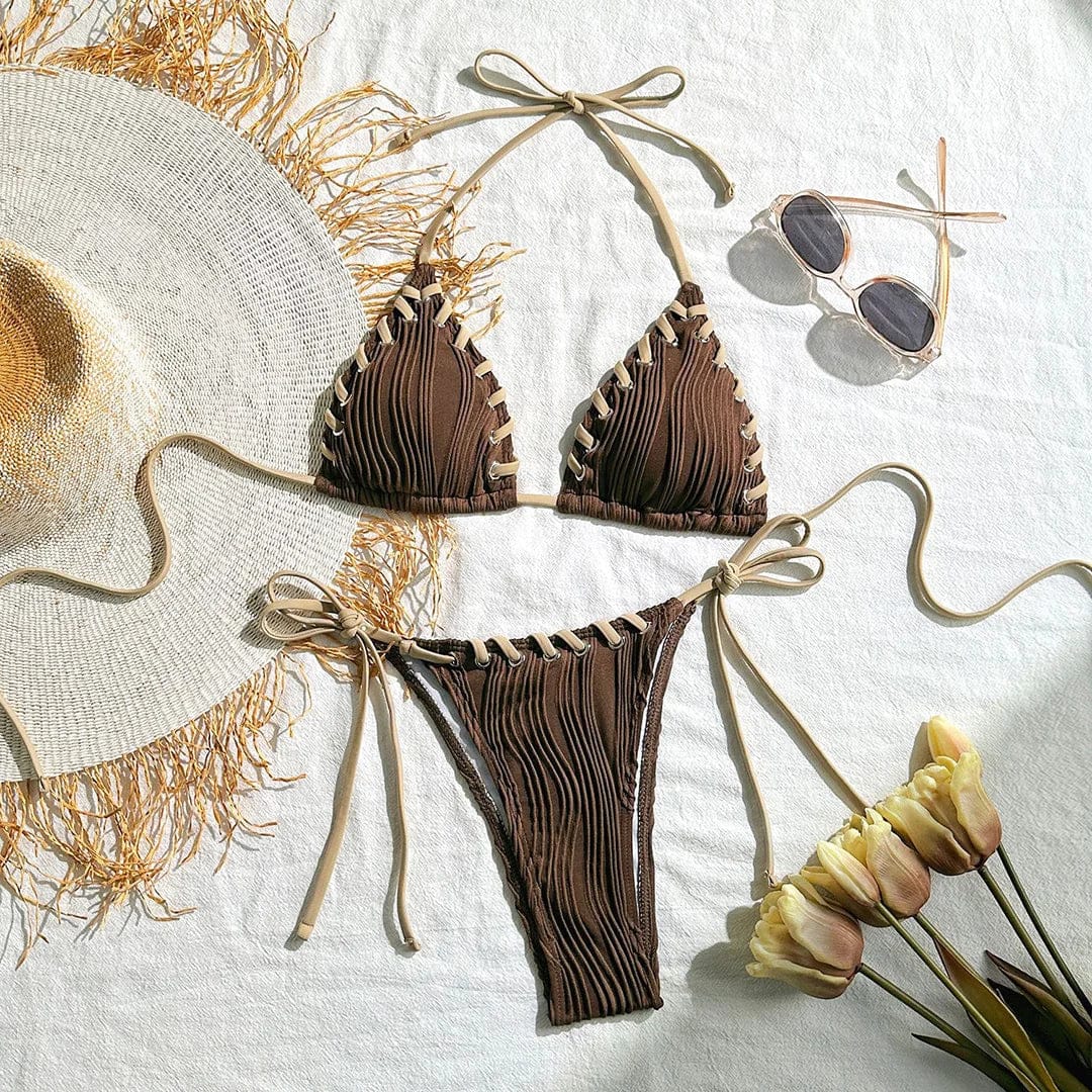 8 Colors Halter Ribbed High Leg Cut Bikini Female Swimsuit Women Swimwear Two-pieces Bikini set Bather Bathing Suit Swim V5541Y - A-1 Thread Vault