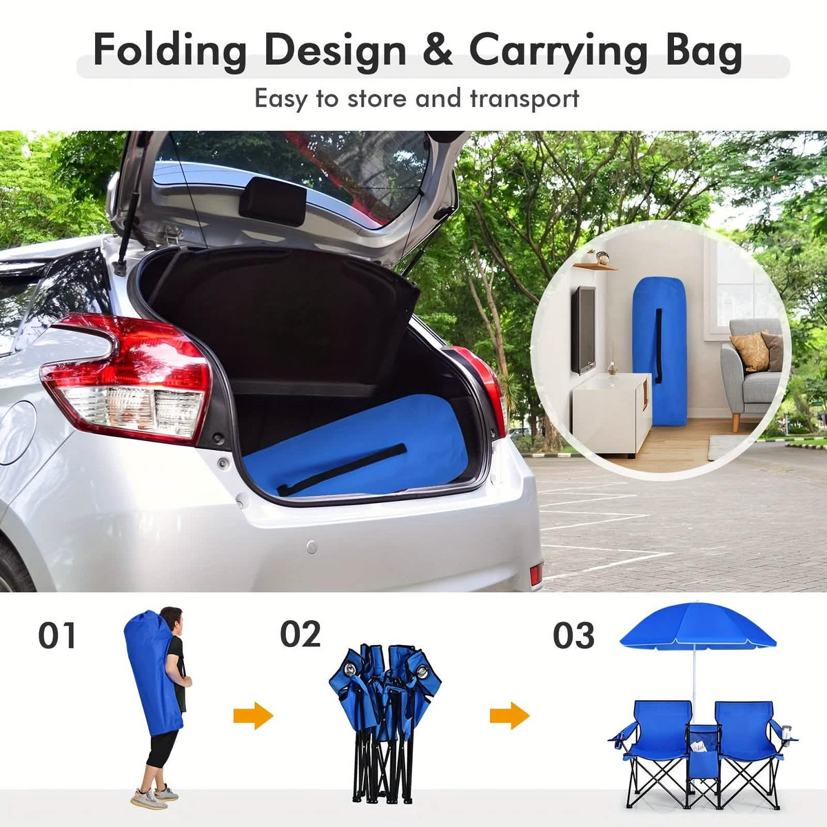Folding Double Camping Chair with Umbrella (Blue) - A-1 Thread Vault