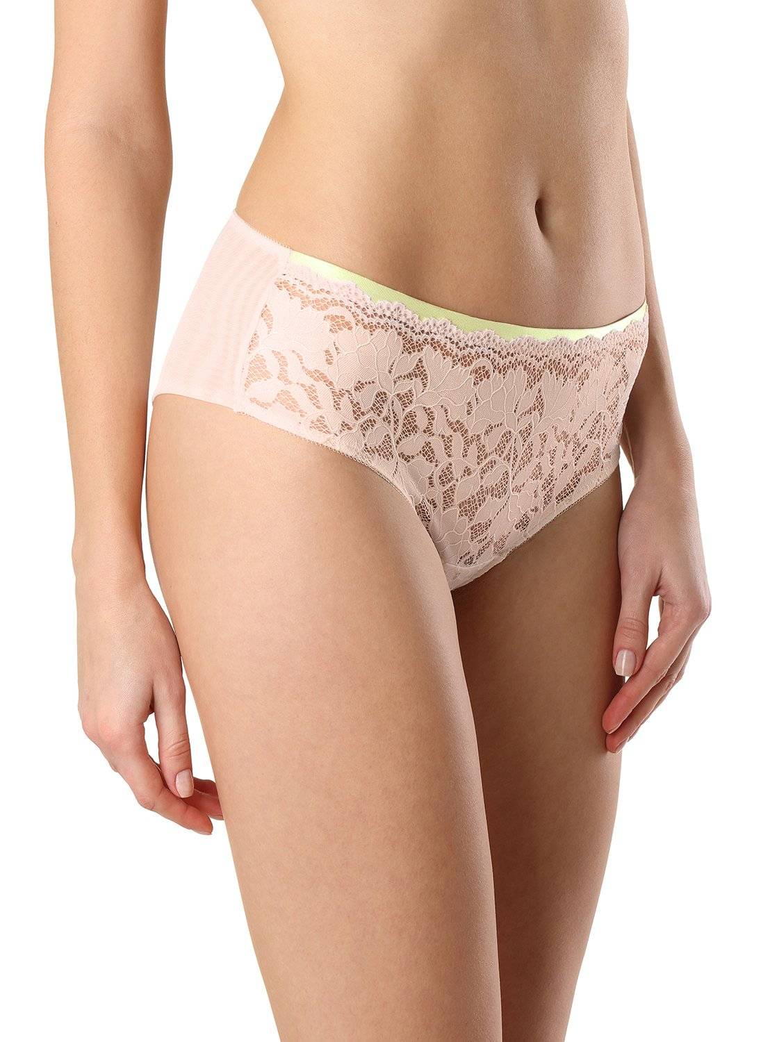 A pair of pale pink lace panties featuring a high-cut leg, a sheer lace front, and a thin lime green elastic waistband.