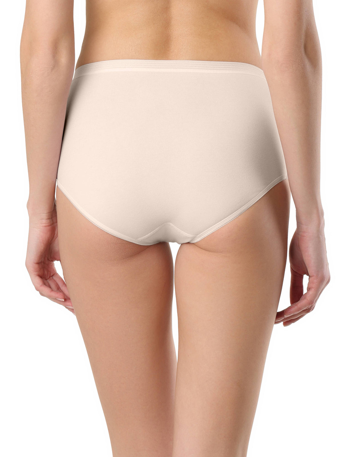 A rear view of a woman wearing beige high-waisted briefs with a smooth, seamless finish.