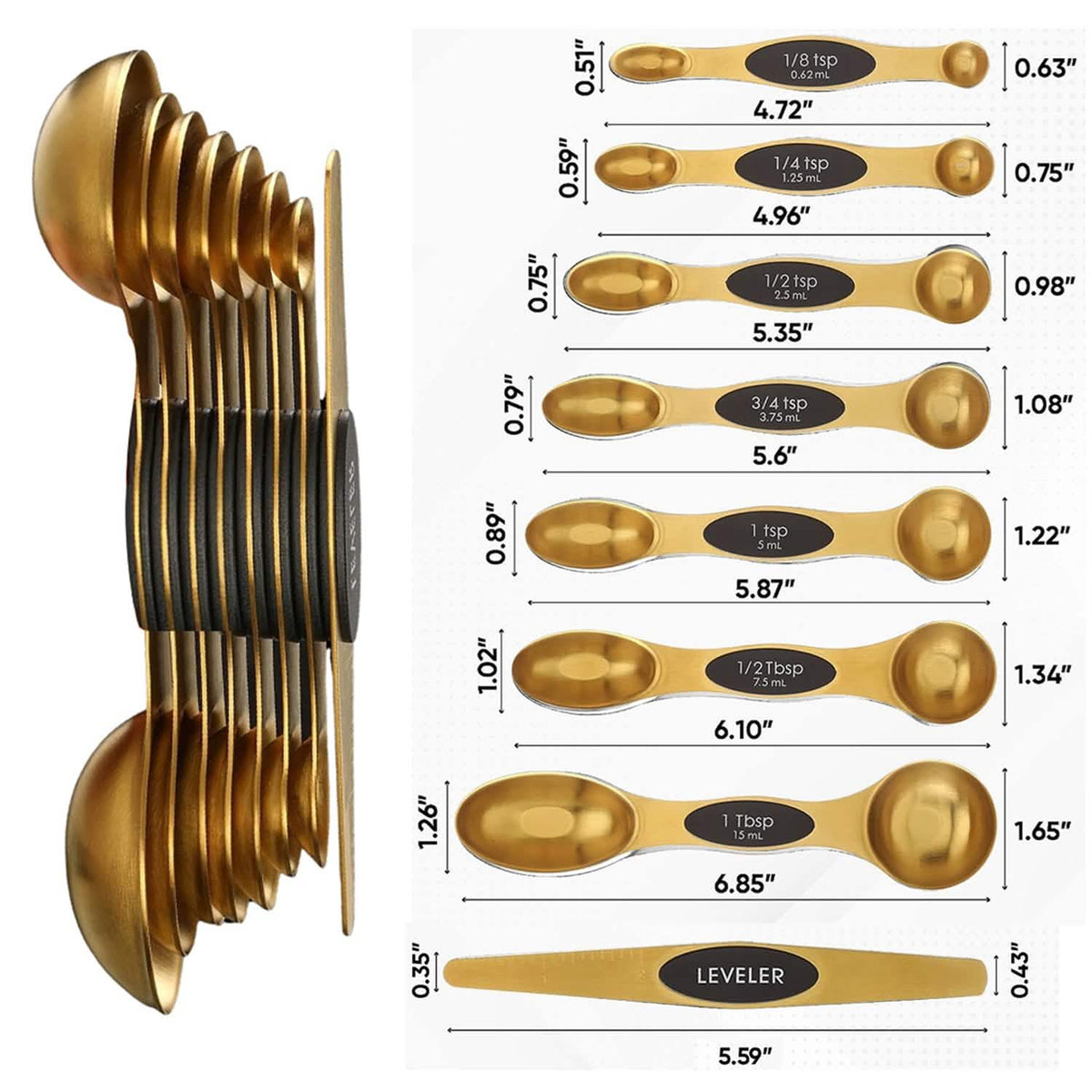 8-Piece: Double Sided Stackable Copper Magnetic Measuring Spoons Set with Leveler - A-1 Thread Vault
