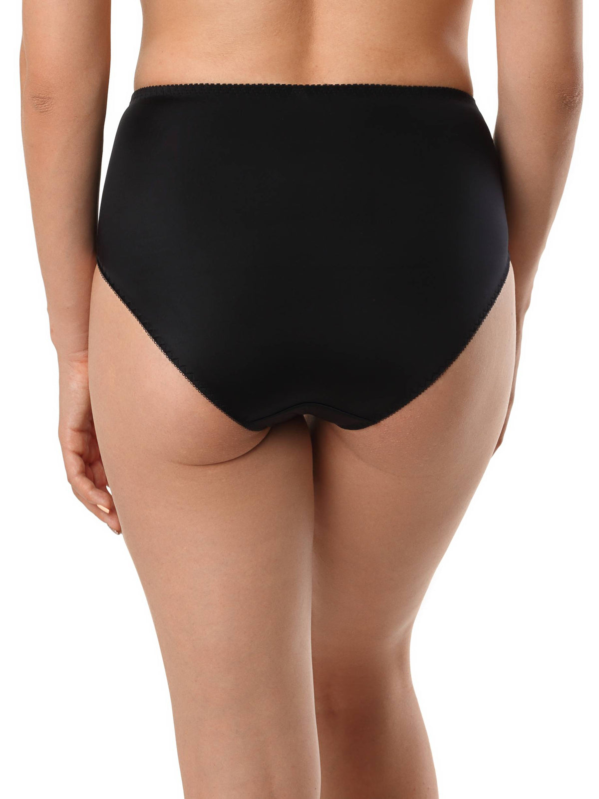A pair of solid black full-coverage briefs shown from the back on a person against a white background.