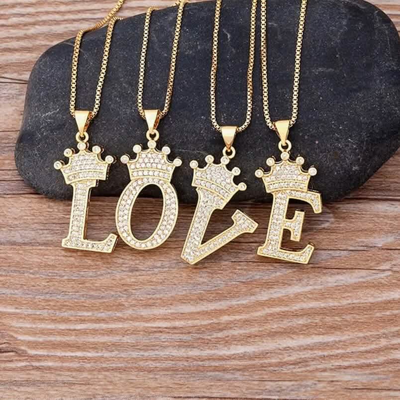 A-Z Alphabet Initial Crown Pendant Necklace - A-1 Thread Vault