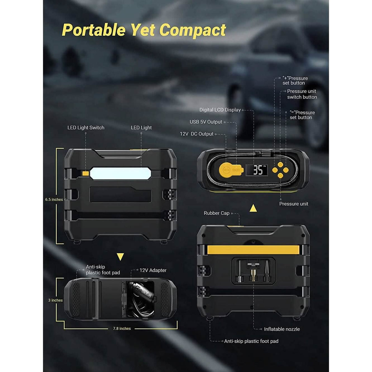 A6 Car Tire Inflator 12V DC Air Compressor Portable Multifunctional Tire Pump 3 LED Lights - A-1 Thread Vault