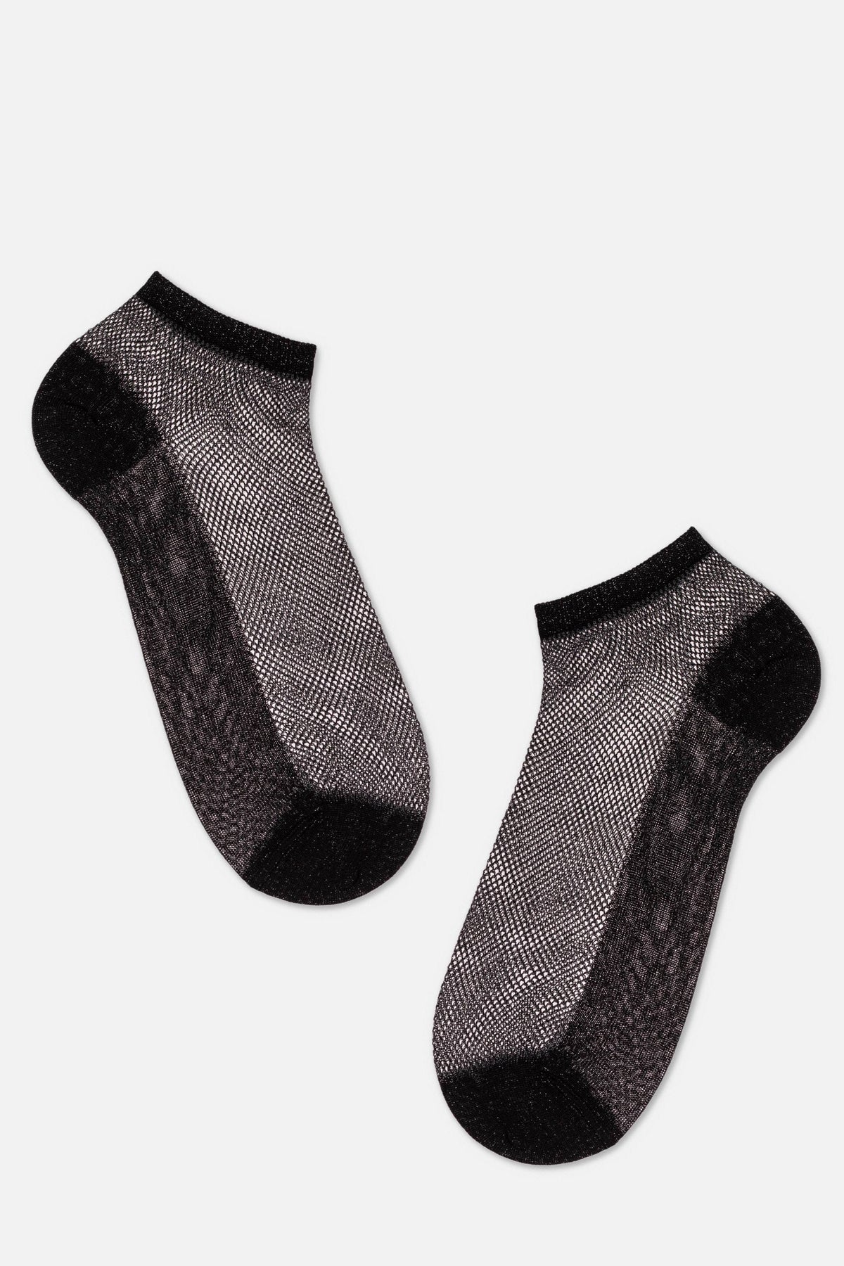 A pair of black ankle-length fishnet socks featuring a solid black toe and heel section against a plain light background.